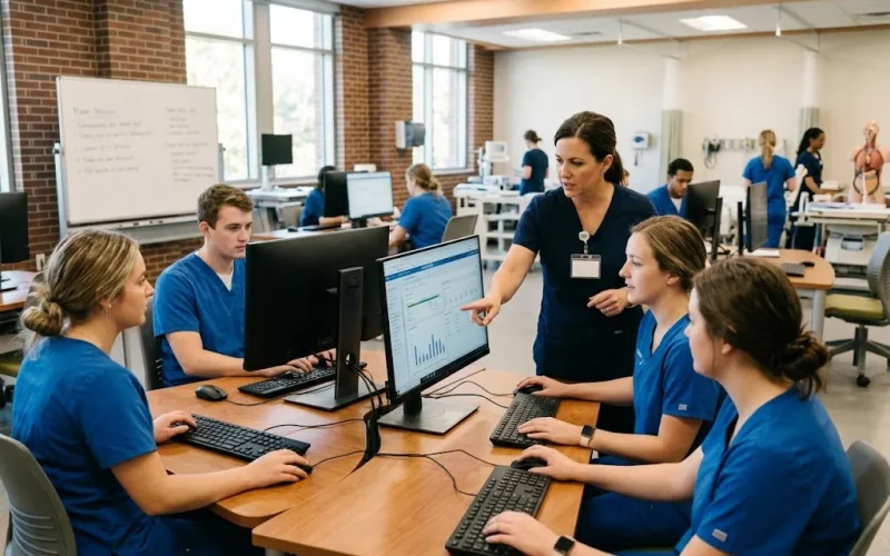 Healthcare students learning electronic health record documentation in an academic setting