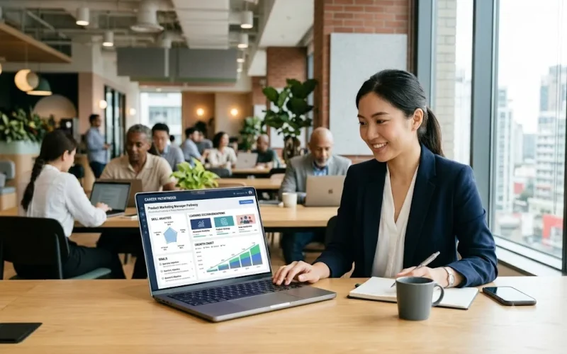 Professional using AI for career development to plan career growth and improve workplace skills.