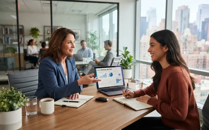 Career coaching session helping a professional plan career development