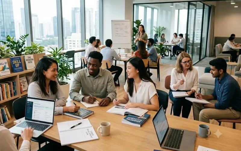 Professionals using career development resources to build workplace skills and advance their careers.