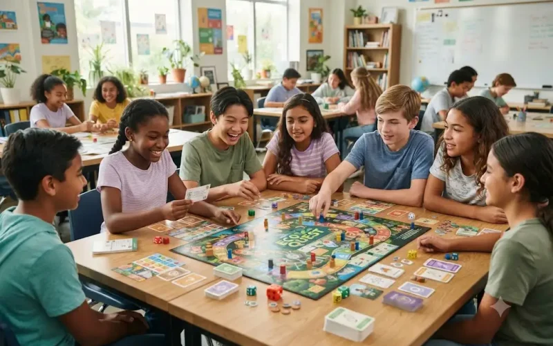 Students learning together using educational board games in a classroom.