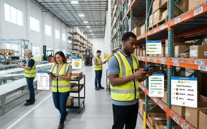 gamification in logistics warehouse with digital performance dashboard