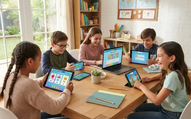 Students using language learning games on digital devices to practice vocabulary and grammar