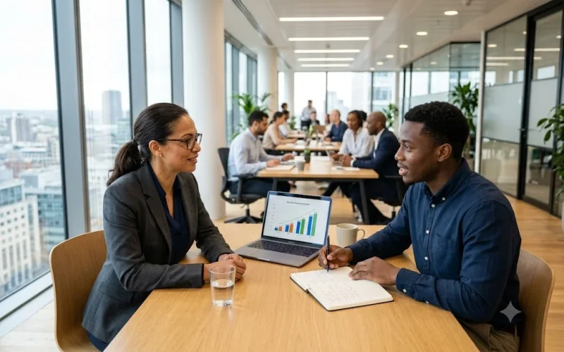Manager demonstrating leadership coaching skills during a professional employee coaching session.
