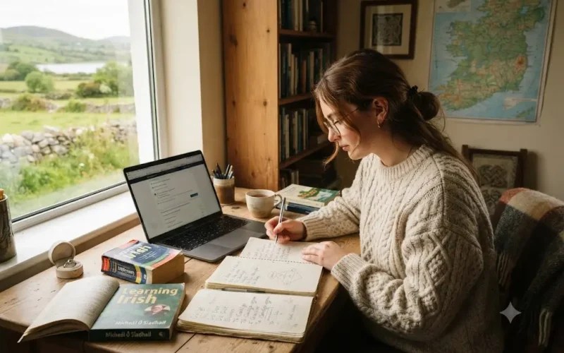 Student using modern resources to learn Irish Gaelic language at home