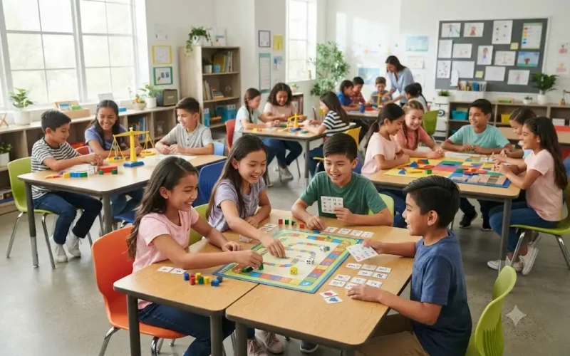 Students participating in math learning games during a classroom activity.