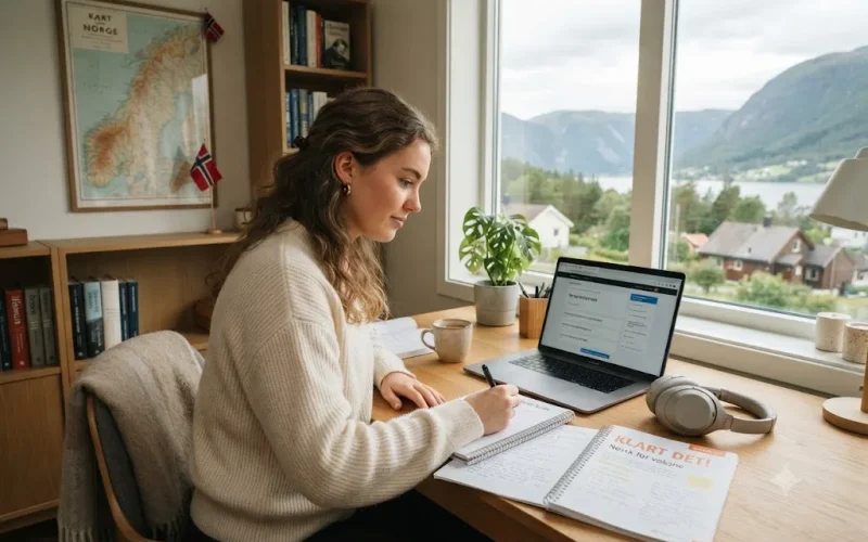 Student using Norwegian language learning resources with books and online lessons