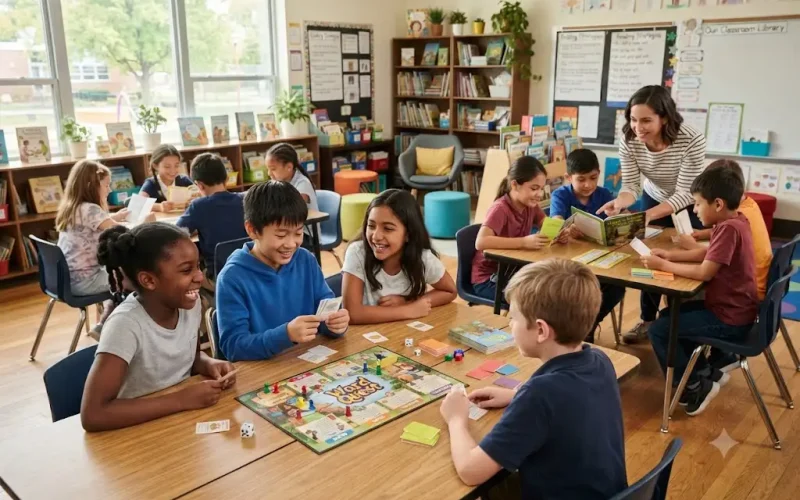 Students participating in reading games for 4th graders during a literacy lesson.