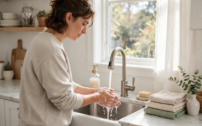 Washing hands at a clean kitchen sink - safe sanitation practices at home