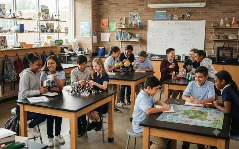 Students participating in science learning games during a STEM classroom activity.