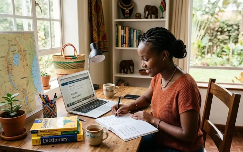 Learner using swahili language learning resources to improve vocabulary and communication skills