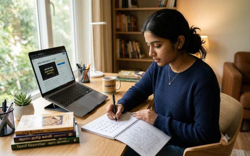 Student practicing tamil language learning with books, digital lessons, and writing exercises