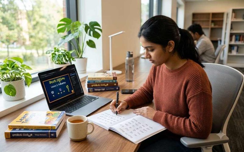 Student practicing telugu language learning using educational resources and script exercises