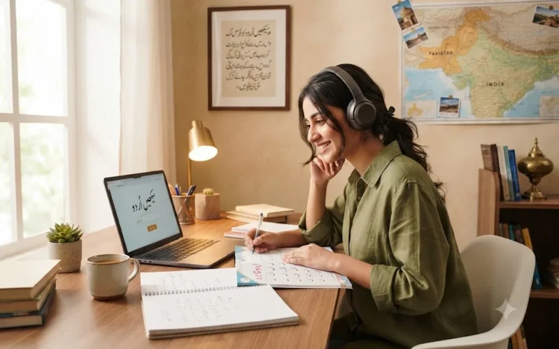 Student using Urdu language learning resources with books and online lessons