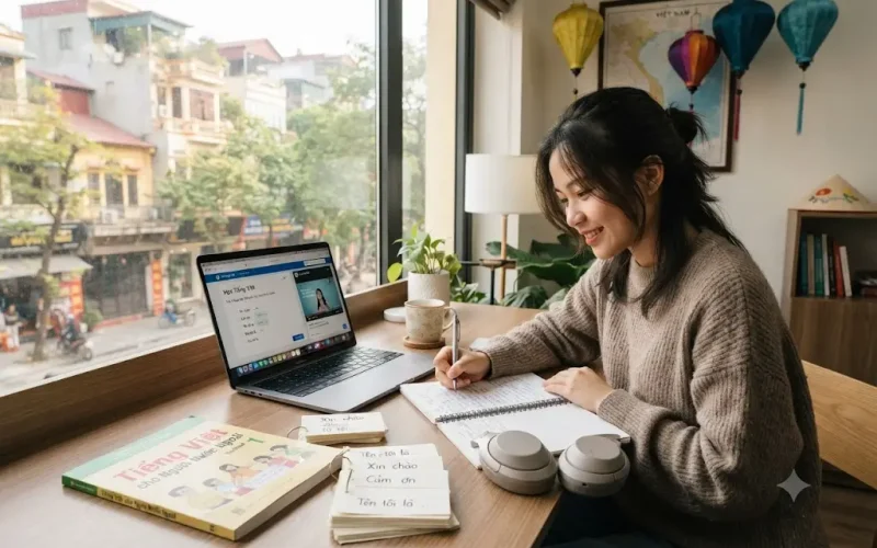 Student using Vietnamese language learning resources with books and online lessons